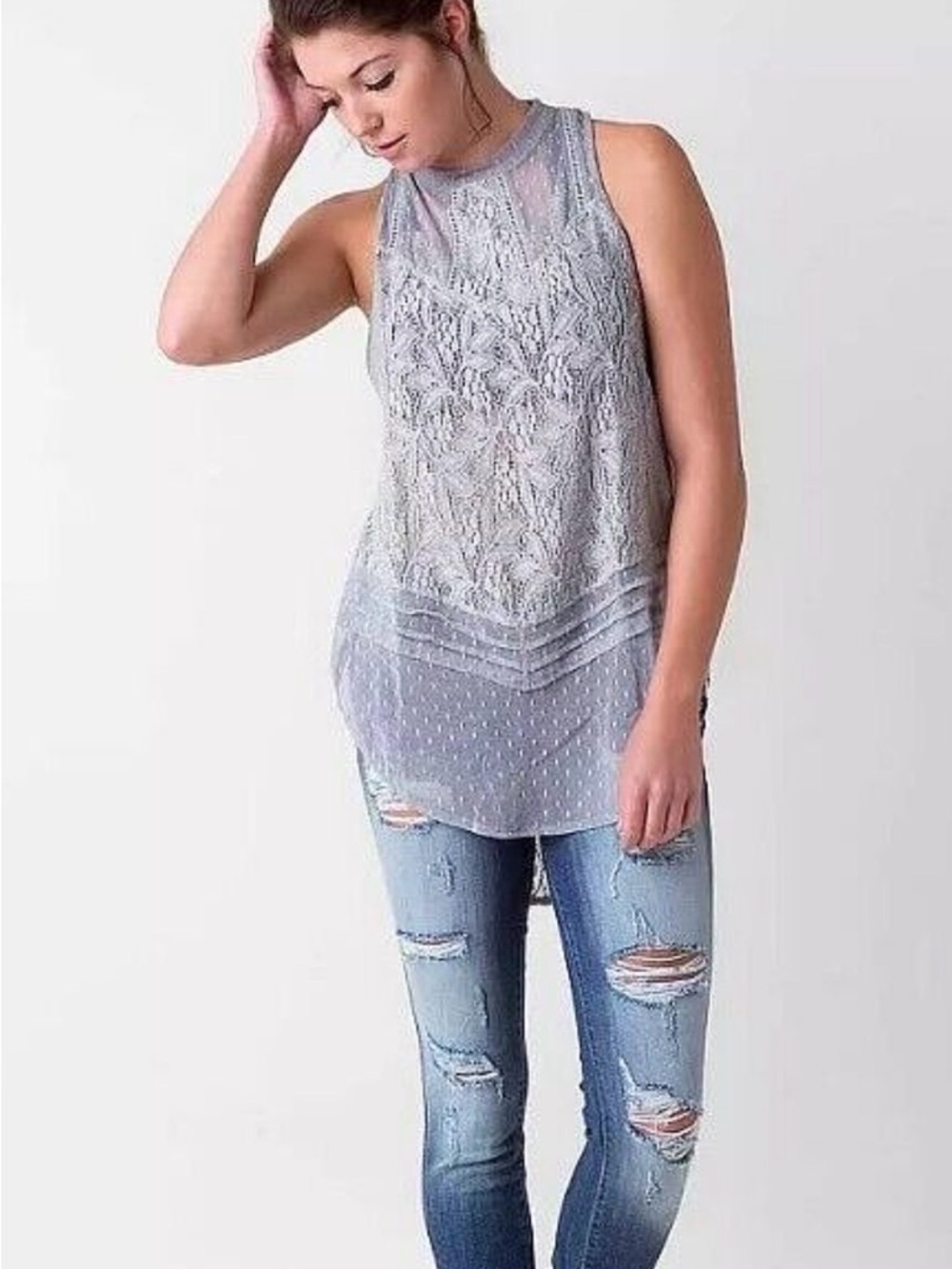 Free People S/PLight Blue Gray Modern Dot Lace High Neck Fashion Tunic Top Small